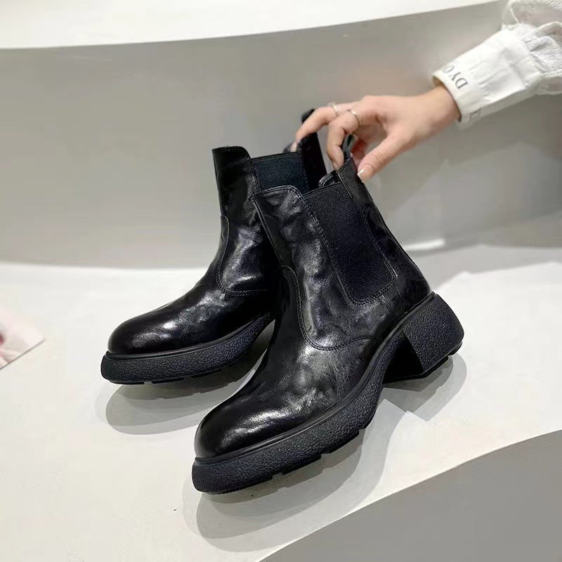 Women's Authentic Retro Platform Martin Texture Fashionable Chelsea Short Women's Leather Boots