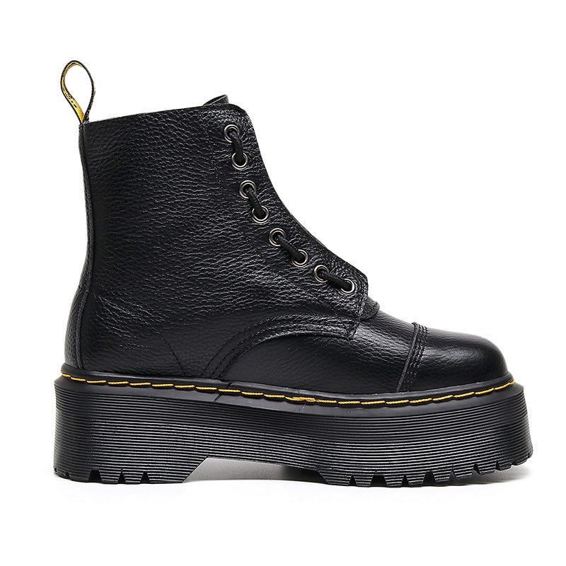 British Thick-soled Martin Front Zipper Top Layer Lychee Pattern Ankle Women's Leather Boots