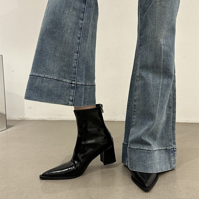 Women's Pointed High Korean Style Small Ankle Brown With Skirt Women's Leather Boots