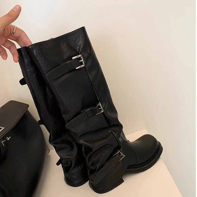 Women's Height Increasing Belt Buckle Head Amber Streamer Wind Western Pile Women's Leather Boots