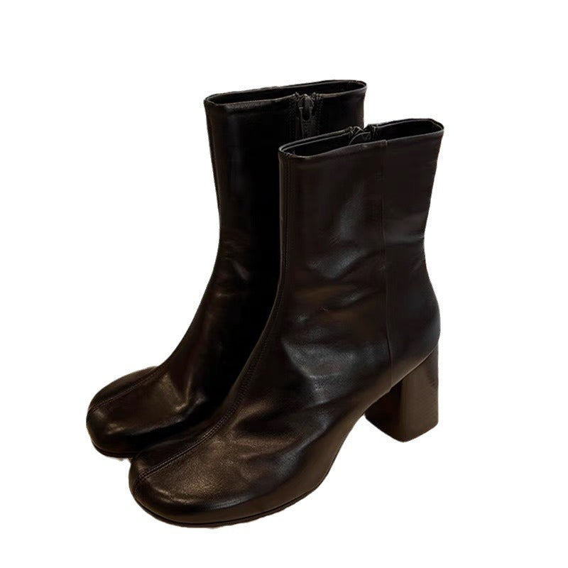 Women's Cowhide Side Zipper Fashion Short Chunky High Martin Heels