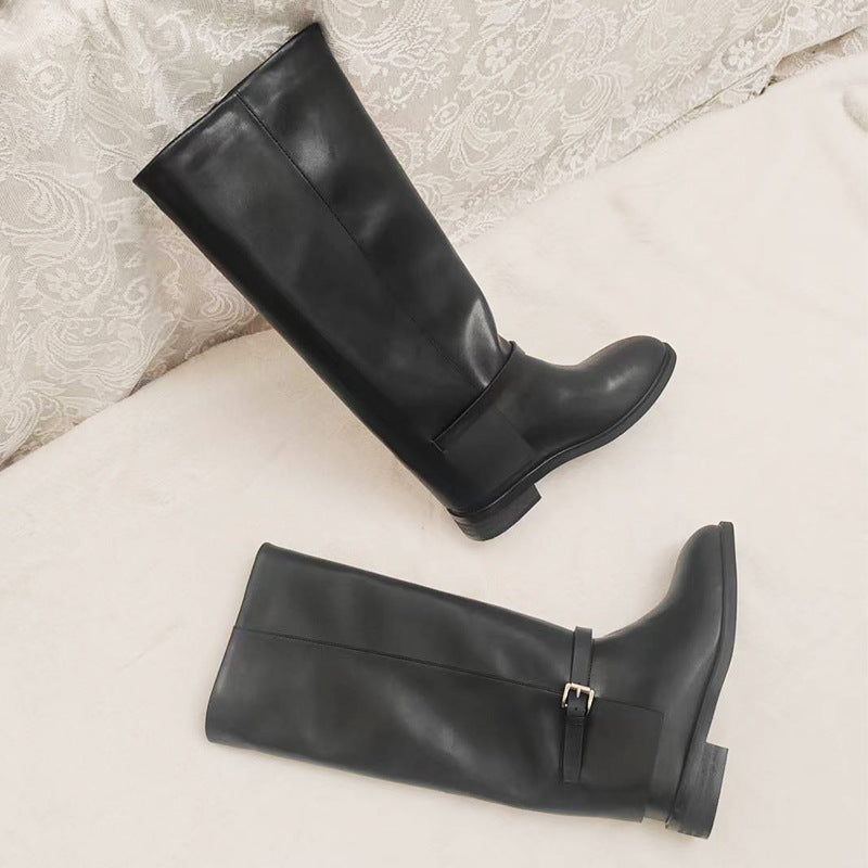 Women's Slimming Belt Buckle Knight Genuine Below The Knee High Leg Boots