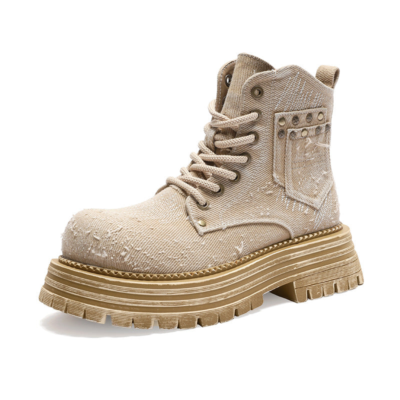 Women's Thick Bottom Increased Worker Short British Women's Leather Boots