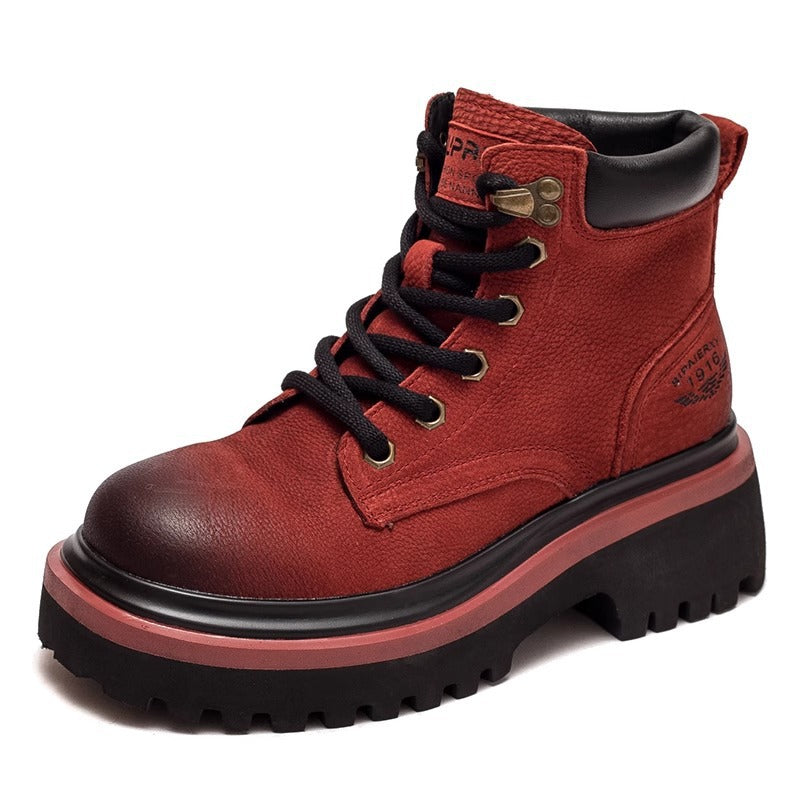 Women's Genuine Thick-soled British Style Martin Cowhide High Worker Vintage Fleece-lined Women's Leather Boots