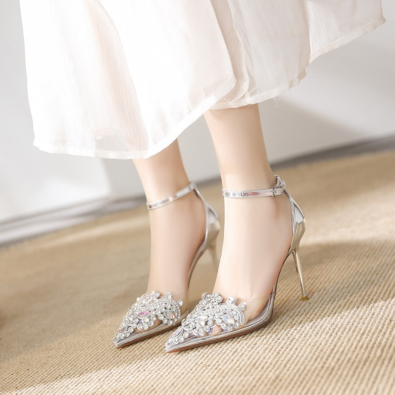 Women's Sexy Rhinestones Dress High Summer Pointed Toe Buckle Women's Shoes