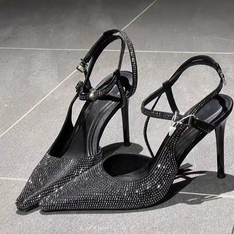 Women's Summer Pointed Toe Rhinestone Closed Buckle Stiletto Sexy High Heeled Sandals
