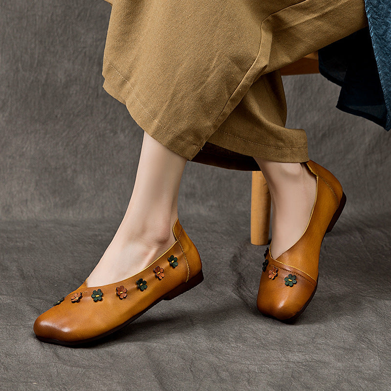 Women's Spring Genuine Flower Cowhide Fairy Style Flat Bottom Leather Shoes