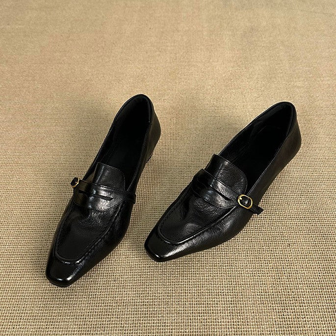 Women's Version Low Elegant Authentic French Style Commuter Slip-on Leather Shoes