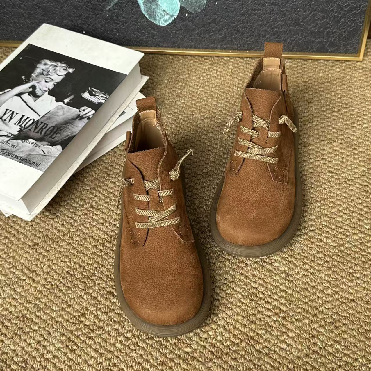 Layer Cowhide Retro Ankle Cotton Linen Style Genuine Round Toe Boots