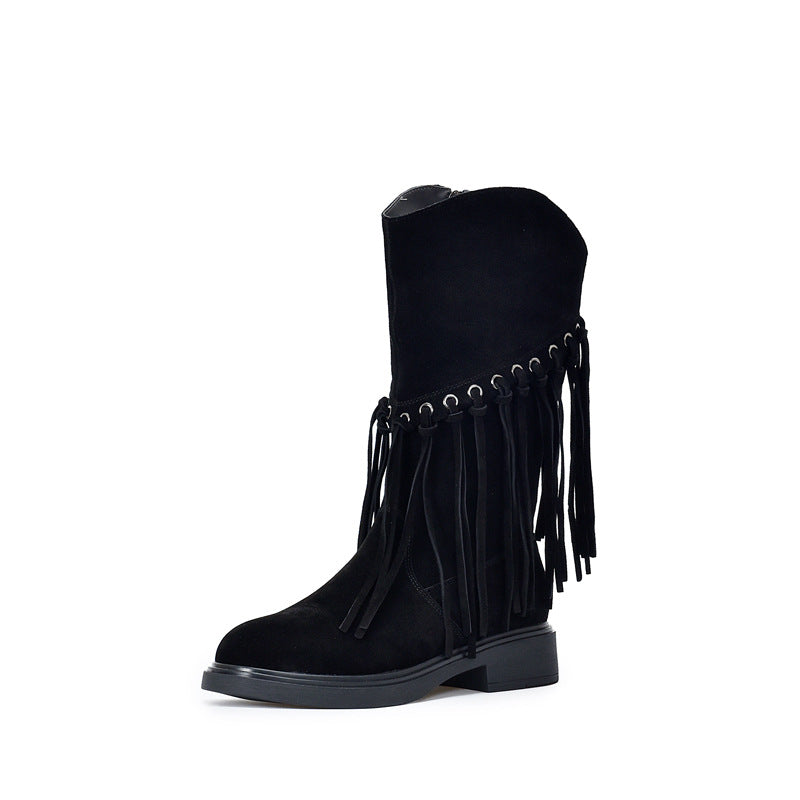 Mid Retro Western Denim Cotton Genuine Martin Fashion Women's Leather Boots
