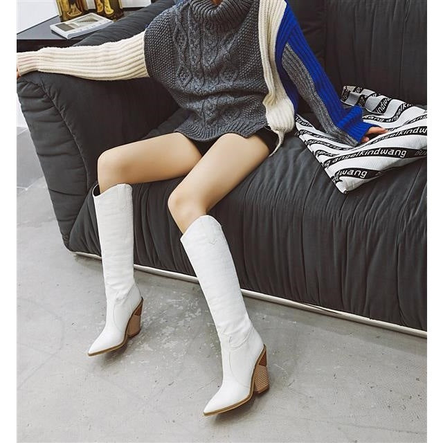 Women's Scale Grain Pointed Toe High Leg Women's Leather Boots