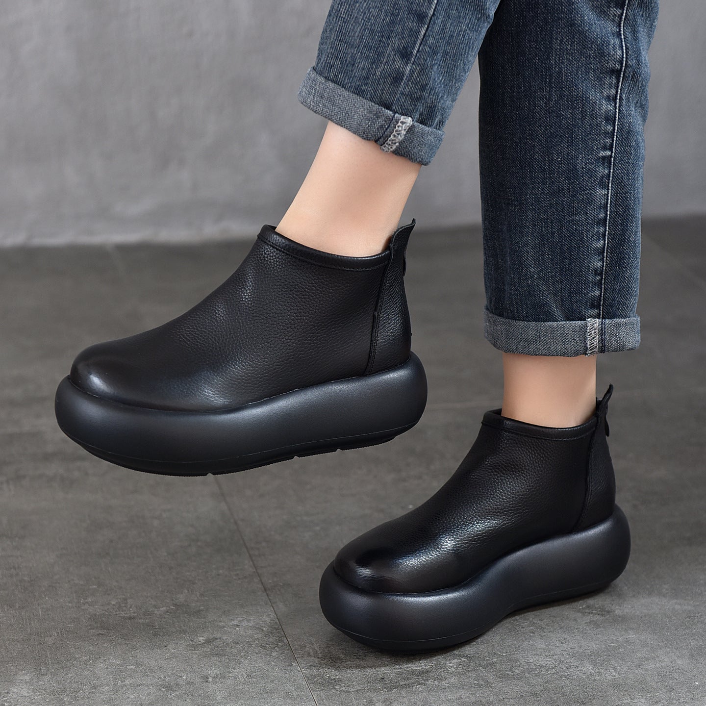 Simple Round Toe Ankle Genuine Platform Women's Leather Boots