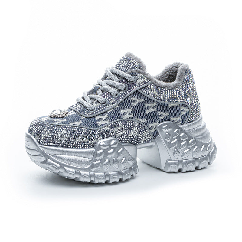 Women's Platform Height Increasing Rhinestone Denim Korean Women's Casual Shoes