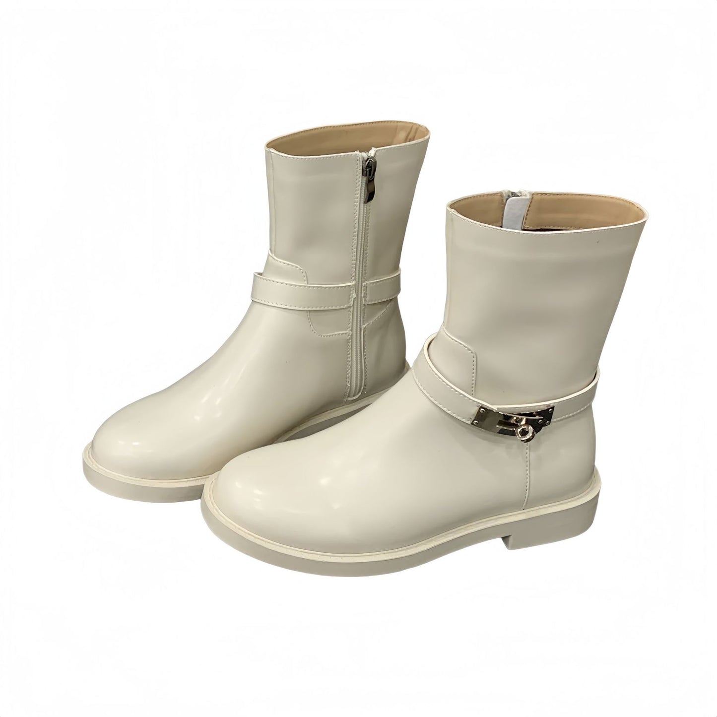 Women's Niche Design Knight Skinny Round Toe Flat Women's Leather Boots