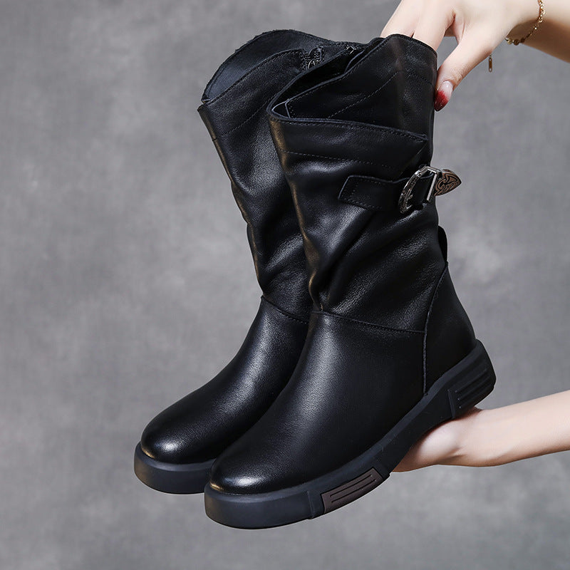Women's Flat Riding Retro V Cut Side Zipper Slimming Boots