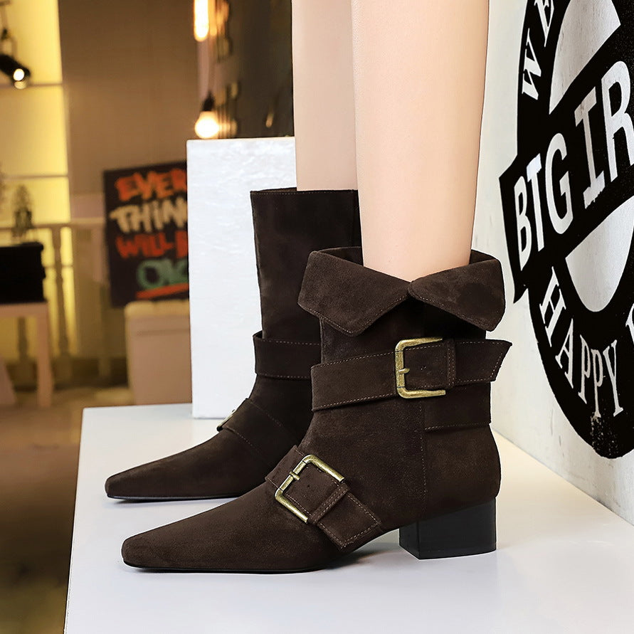 Women's Toe Belt Buckle Mid Chunky Suede Single Women's Leather Boots