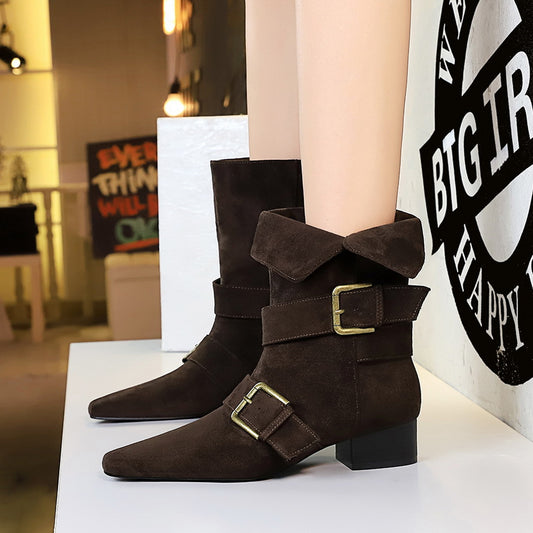 Women's Toe Belt Buckle Mid Chunky Suede Single Women's Leather Boots