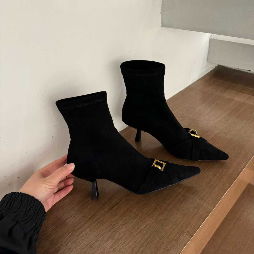 Style Vintage Suede High Female Temperament Pointed Stiletto Metal Buckle Women's Leather Boots