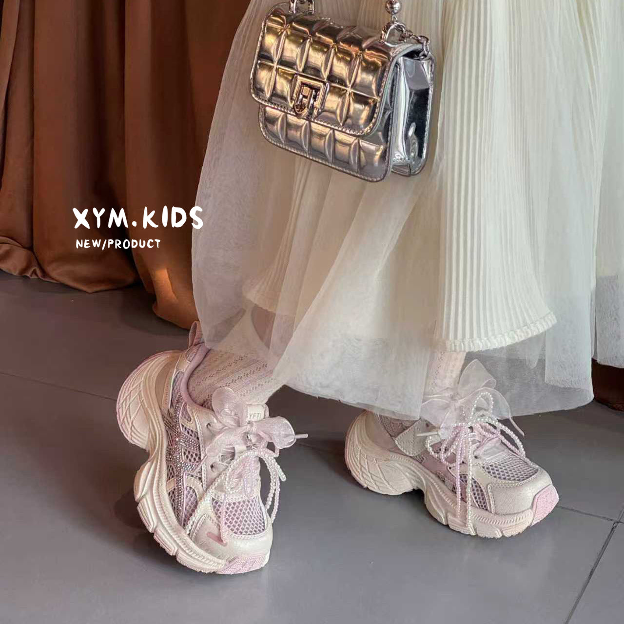 Children's Single Mesh Korean Pearl Bow Rhinestone Children's Sports Shoes