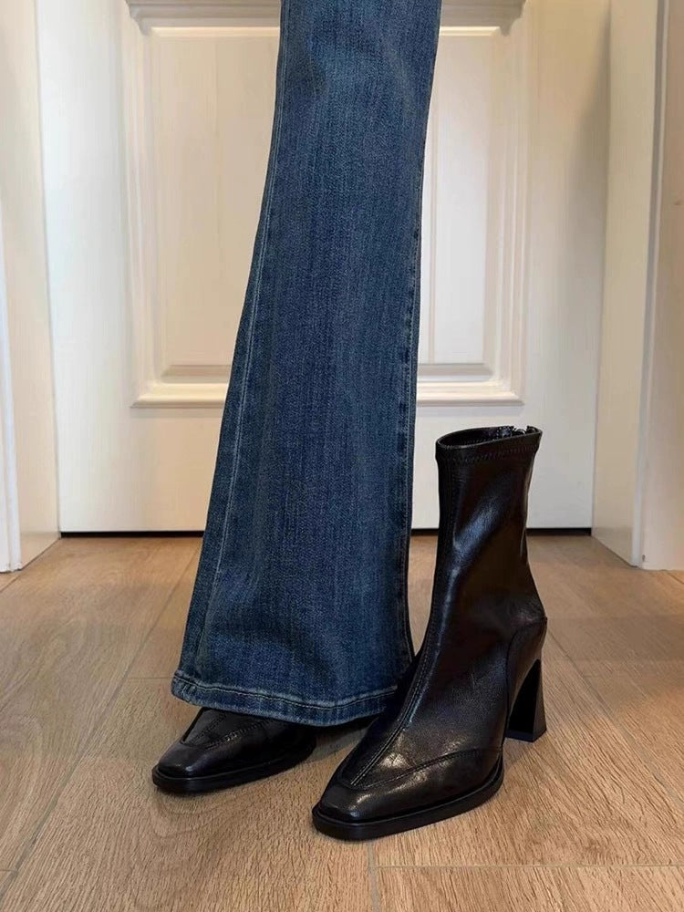 Women's Version Korean Style High Square Toe Skinny Short Chunky Vintage Women's Leather Boots