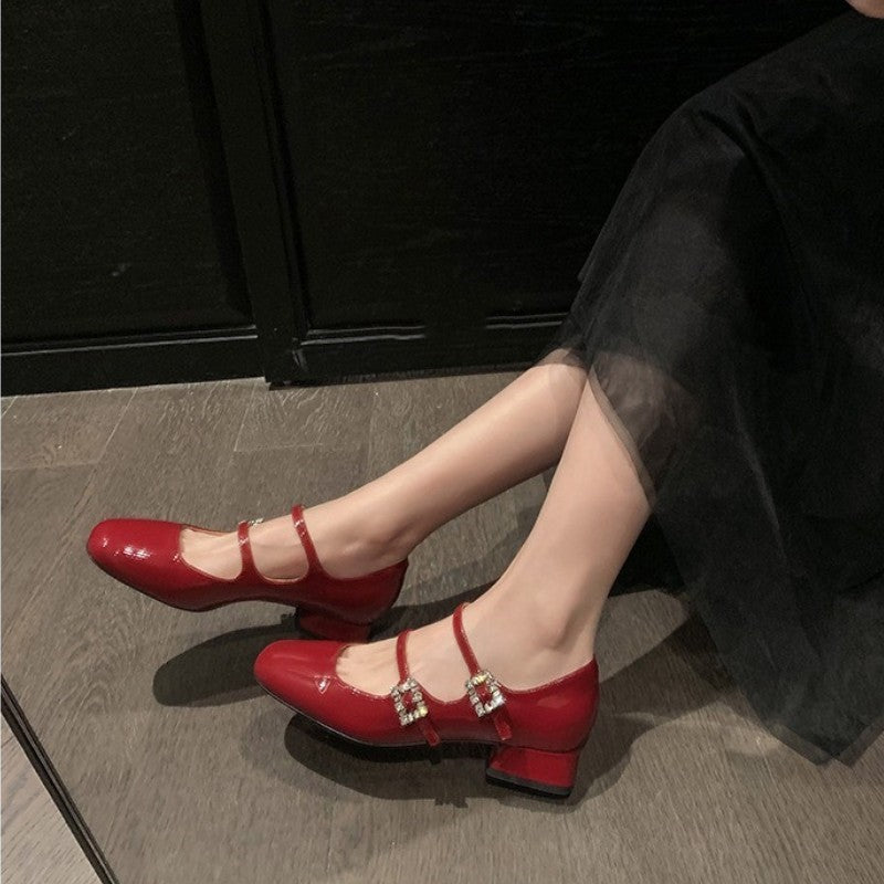Women's Exquisite Square Head Authentic Rhinestones Buckled Chunky Mary Jane Women's Shoes