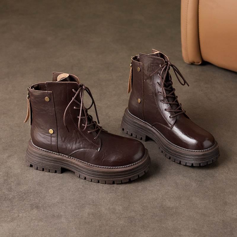 Women's Cowhide Martin Fleece-lined Platform Chunky Vintage Crumpled Motorcycle Women's Leather Boots