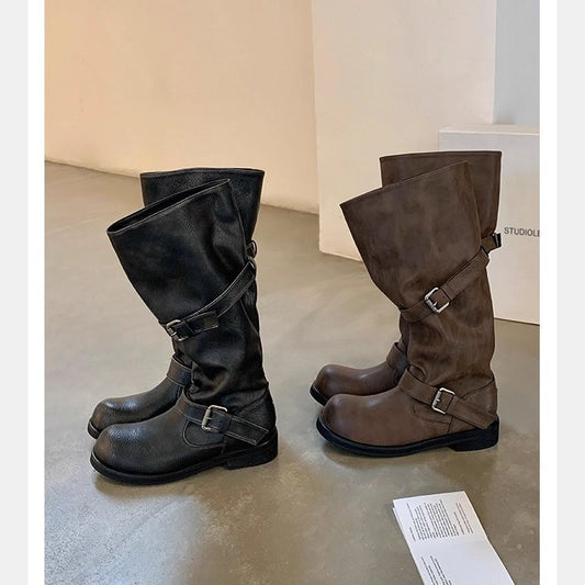 Large Round Toe Pants Chunky Platform Genuine Long Knight Female Women's Leather Boots
