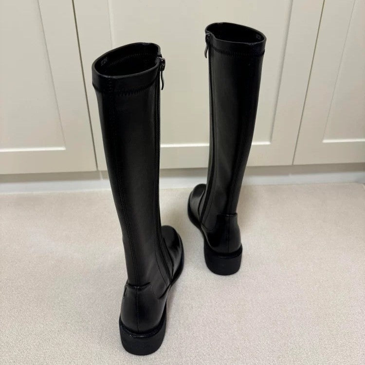 Women's Simple Graceful Round Head Chunky Knight Side Zipper Long Tube Women's Leather Boots