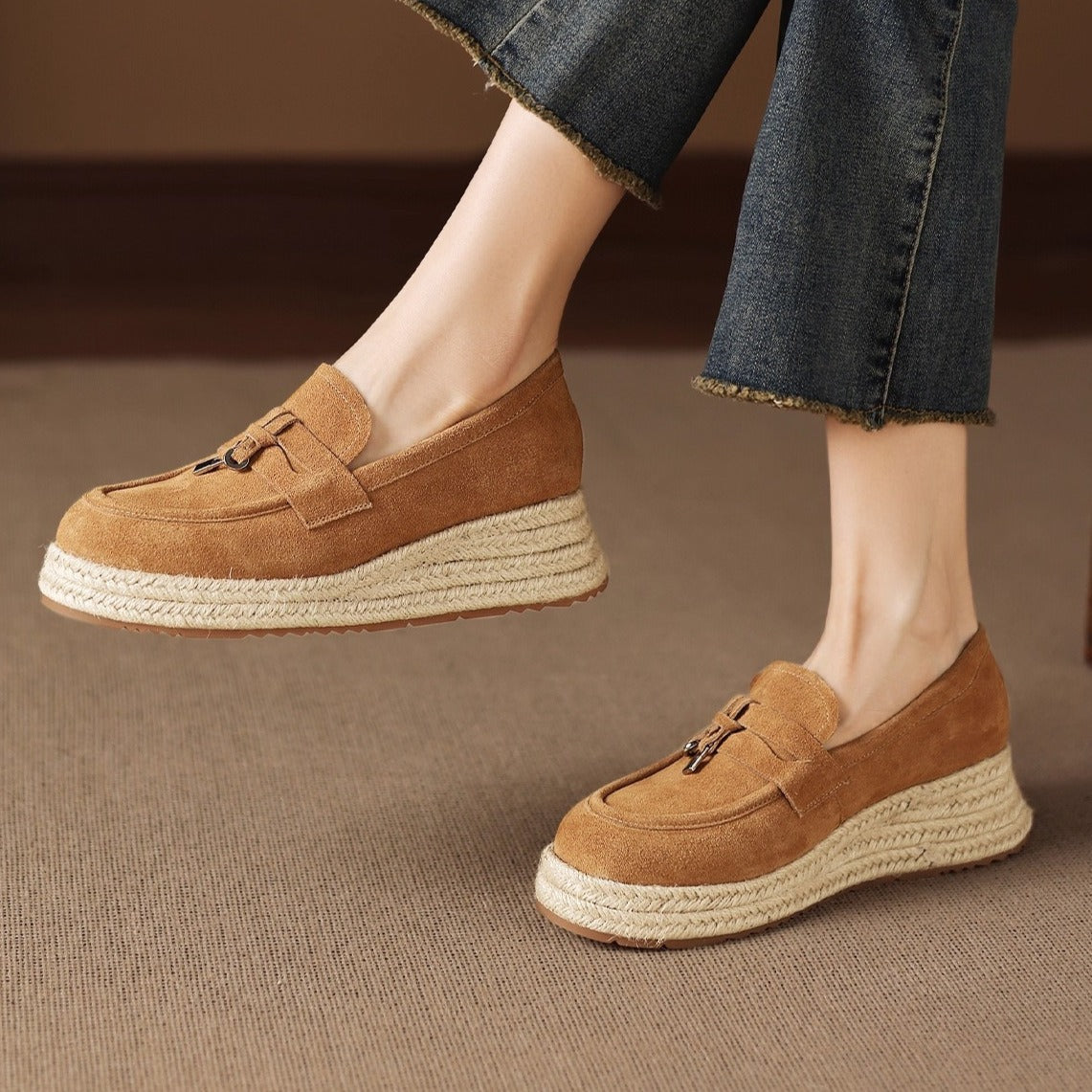 Women's Genuine Fisherman Platform Nude Slip-on Leather Shoes