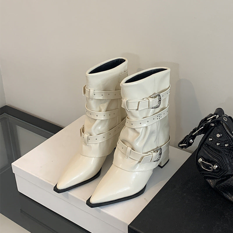 Toe Wedge Temperament Sleeve Rivet Belt Women's Leather Boots
