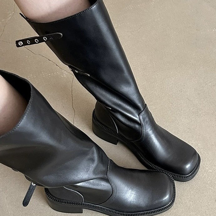 Women's Minority Belt Buckle Tall Knight Chunky Women's Leather Boots
