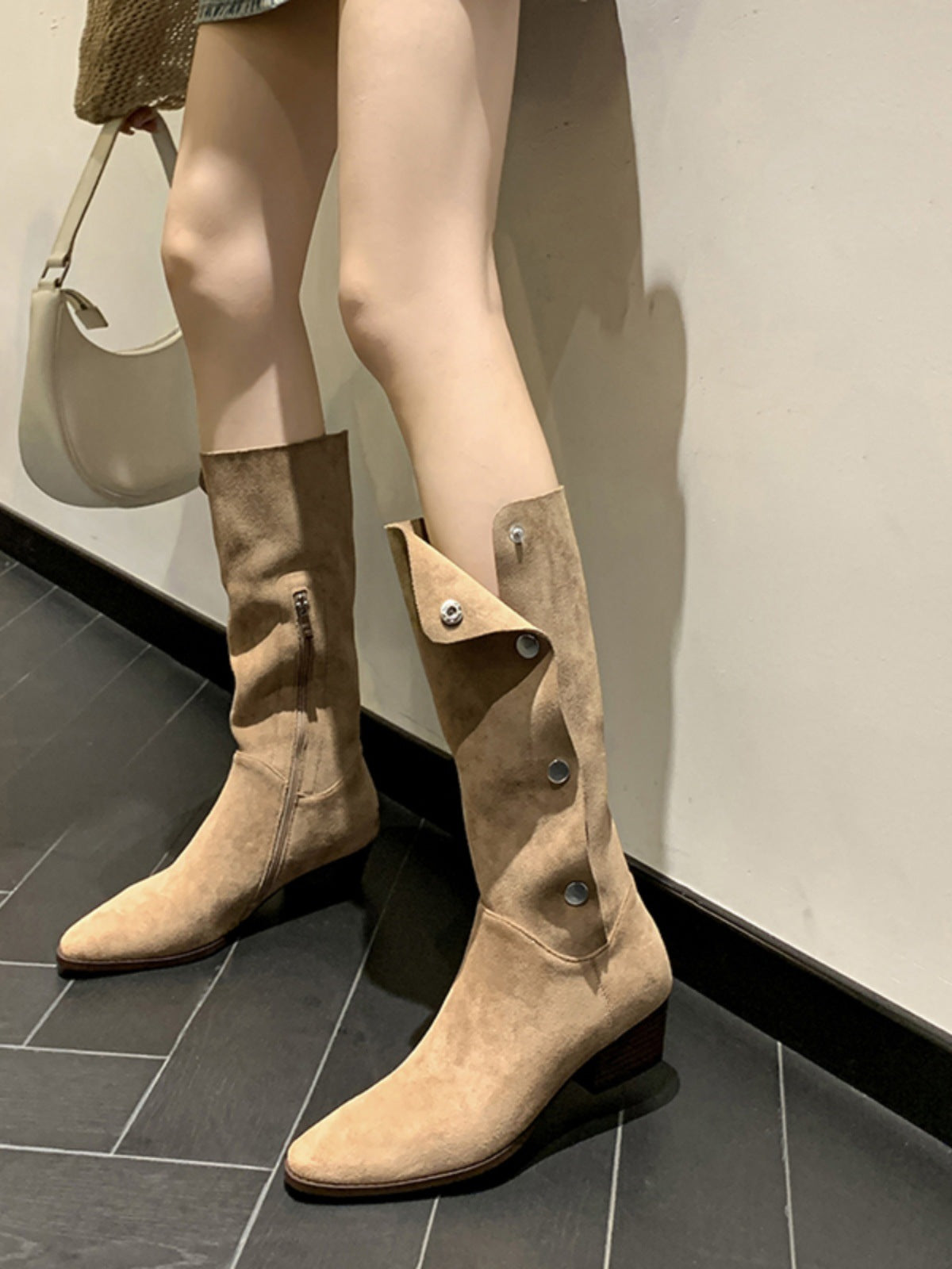 Women's Pile Style Chunky High Western Cowboy Below The Knee Long Women's Leather Boots