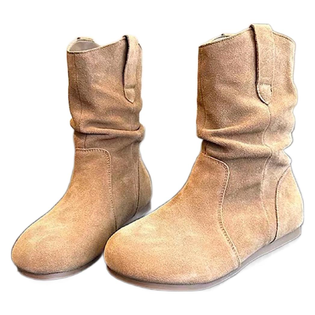 Women's Retro Flat Bottom Short Knee-high Sleeve Round Toe Pile Boots