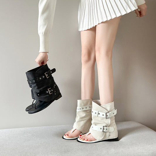 Women's Short Tube Denim Belt Buckle Hollow Toe Pants Summer Height Sandals
