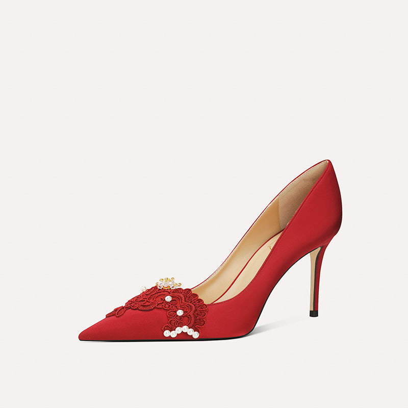 Women's Main Wedding Dress Spring Red Not Tired Feet Satin Heels