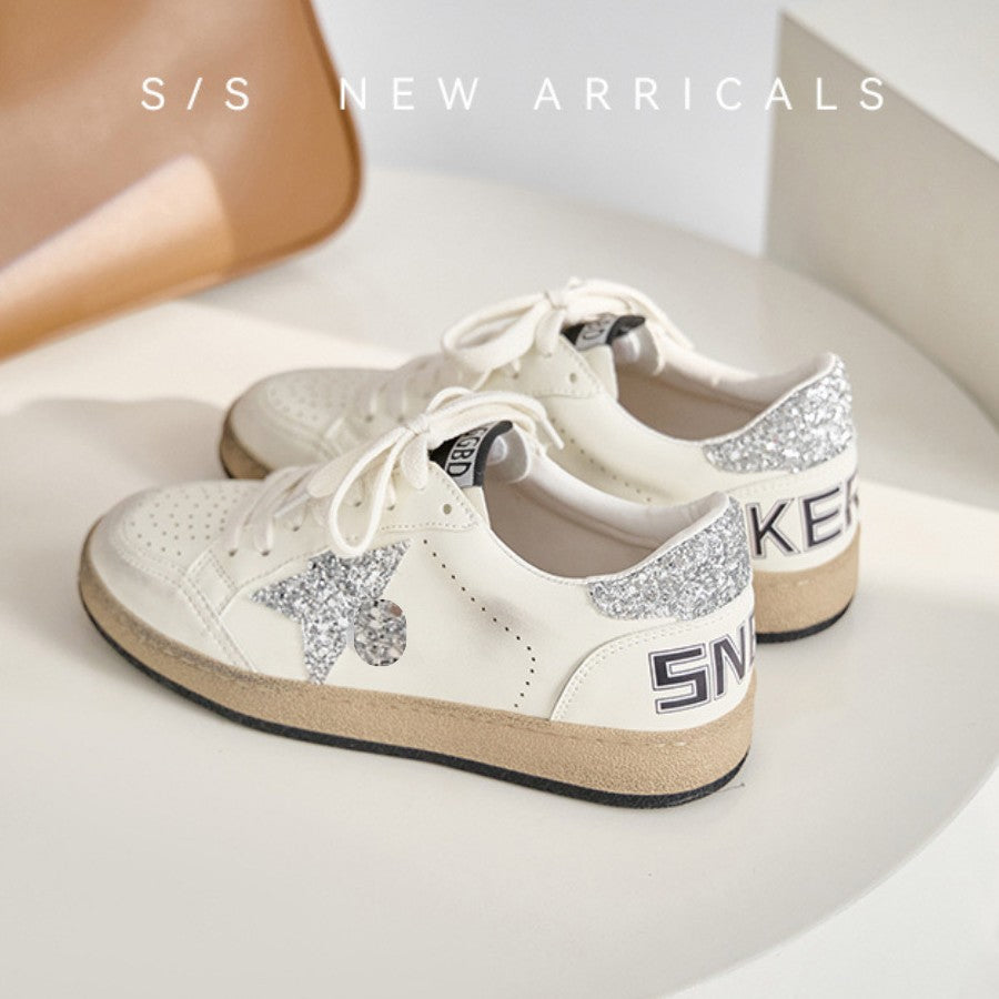 Women's Star Little Sports Distressed White Flat Casual Shoes