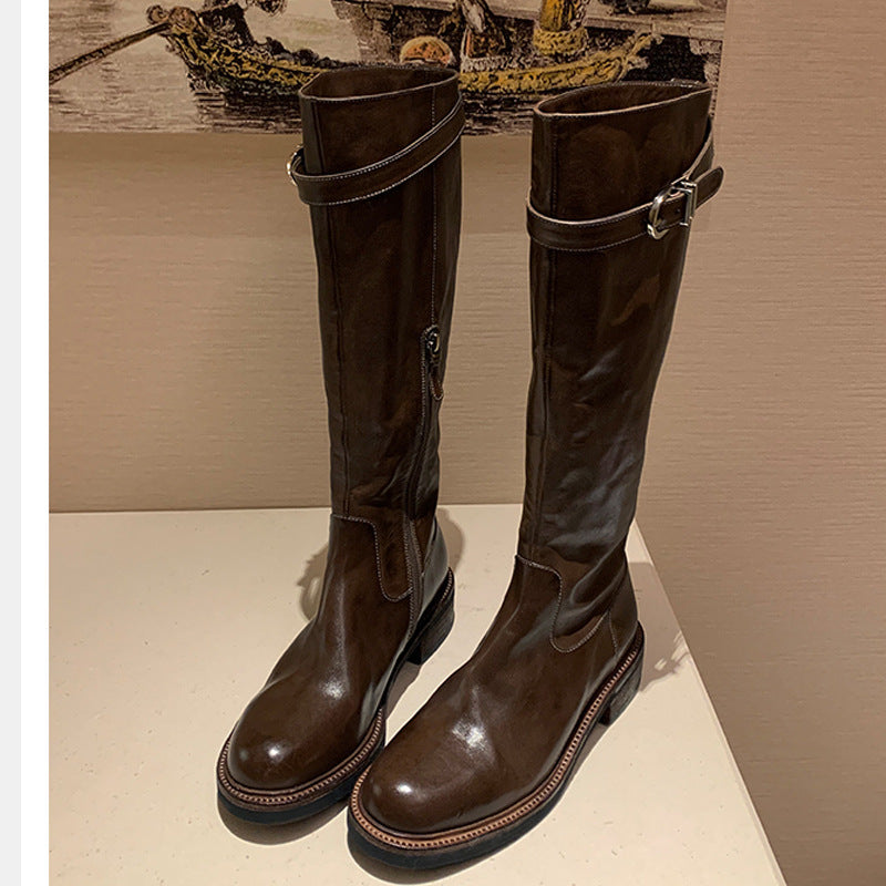 Women's Washed Horse Round Head Belt Buckle Women's Leather Boots