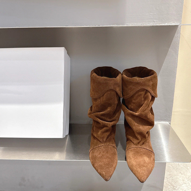 Women's Suede Kitten Booties Pleated Length Loose Socks Retro Slimming Western Women's Leather Boots