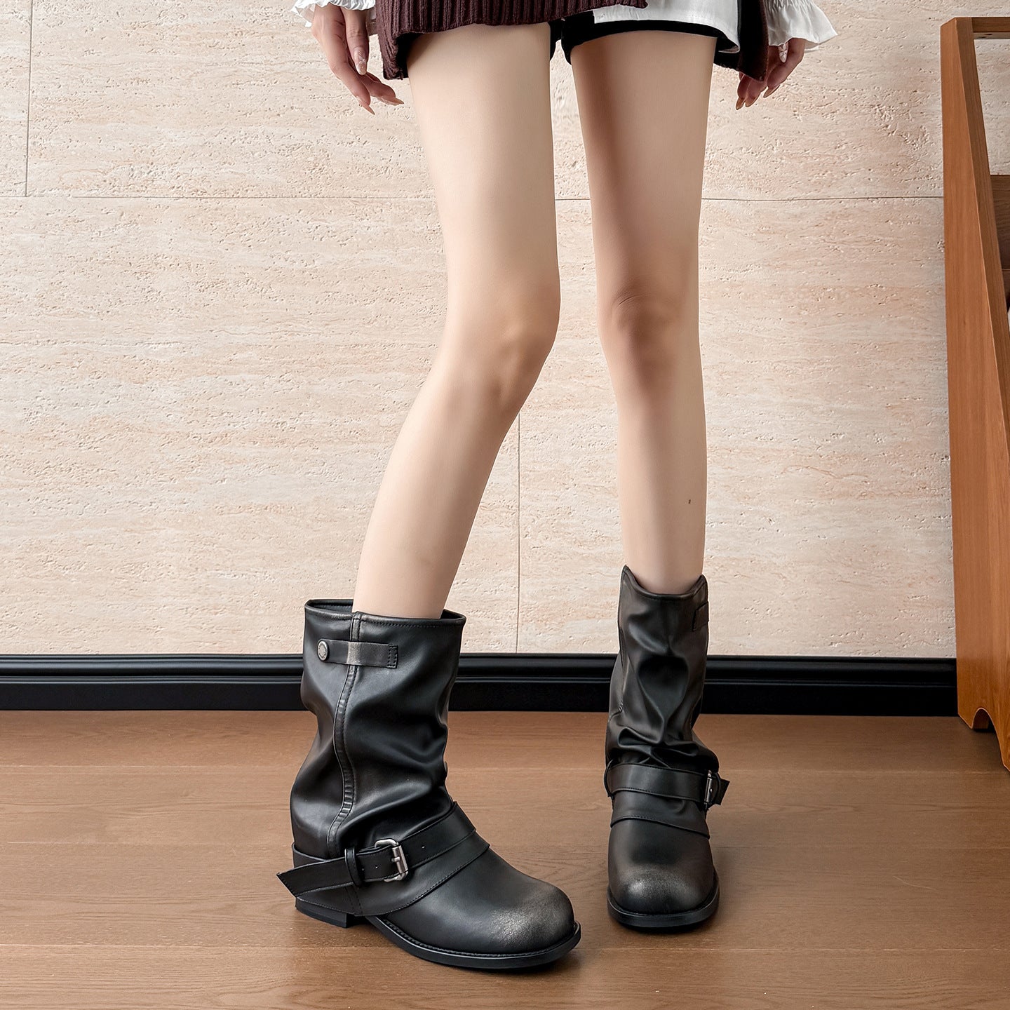 Women's Western Denim Pile Style Autumn Pleated Boots