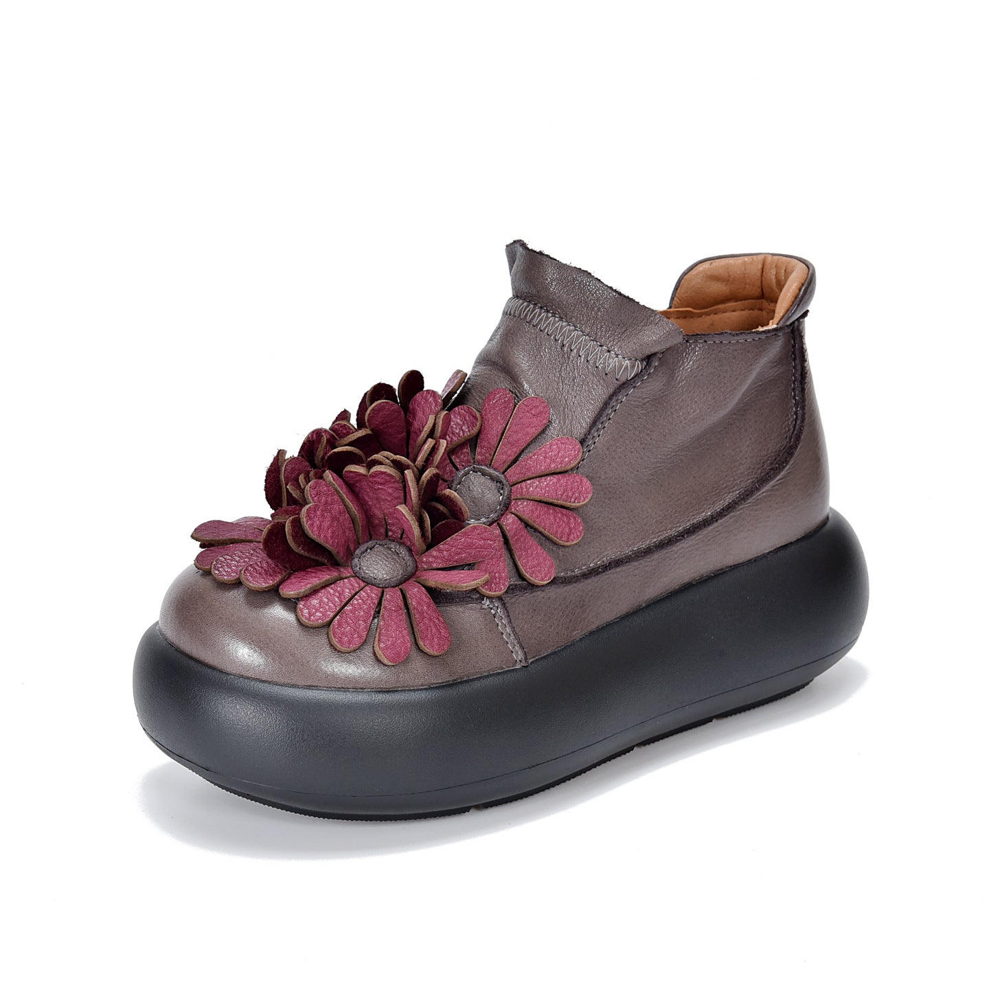 Women's Cowhide Handmade Vintage Flower Artistic Round Head Ankle Genuine Women's Leather Boots