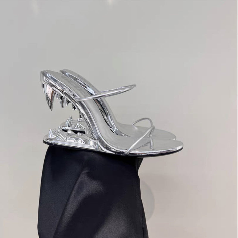 Metal Giant Tooth Tiger Abnormal Shape Open Toe Heels