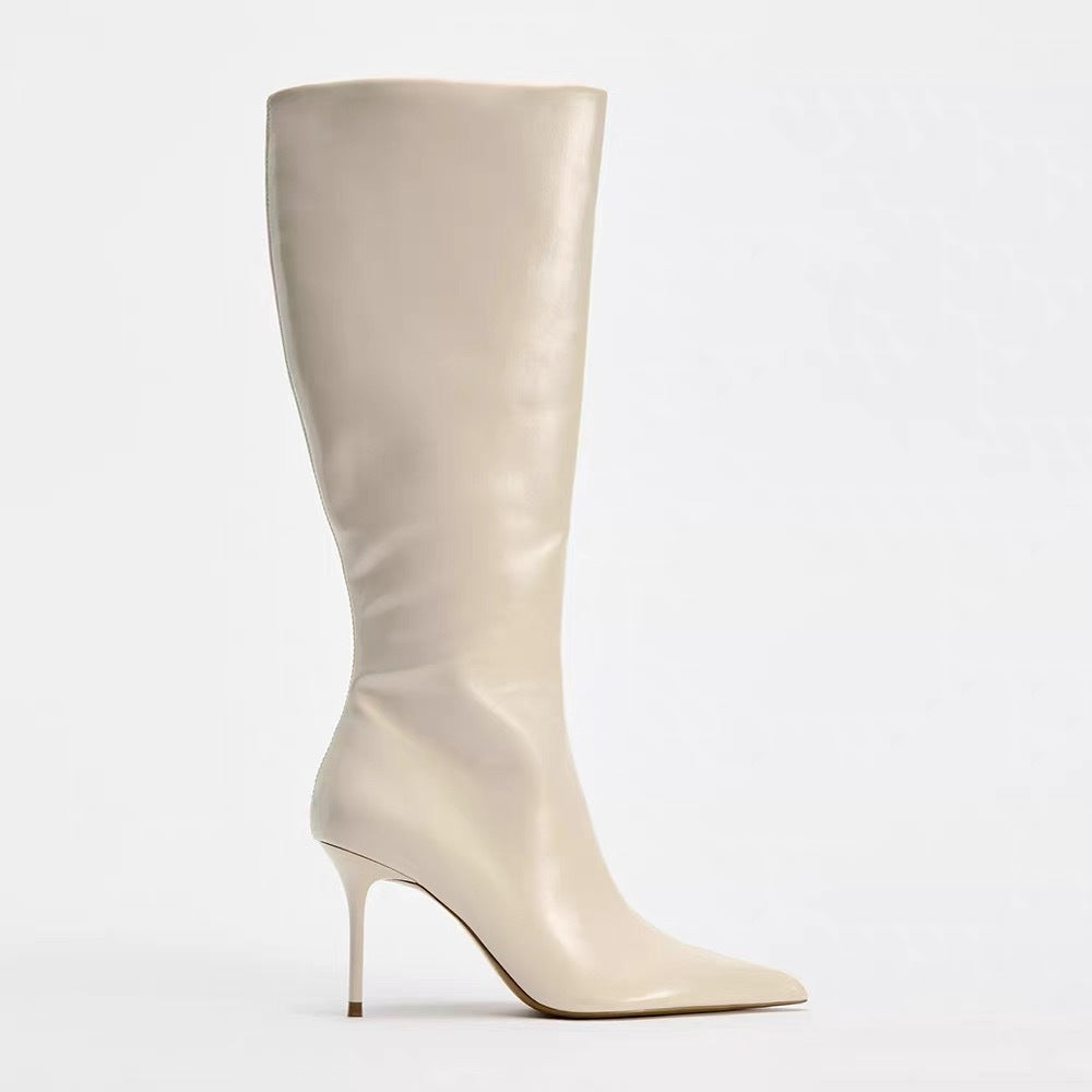 White Stiletto Sexy Pointed Toe Below The Knee Big Women's Leather Boots