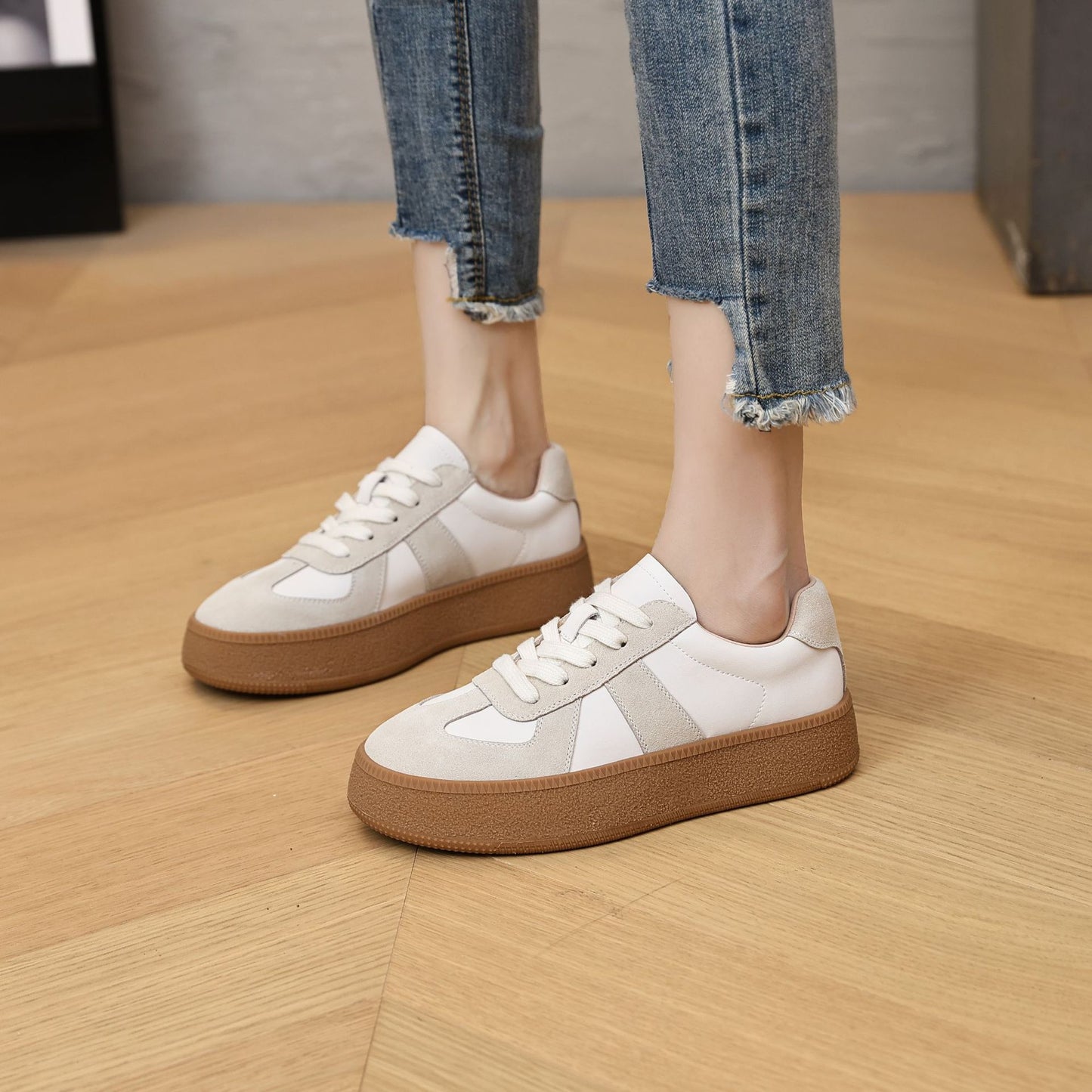Women's Autumn Flat White German Training Thick Casual Shoes