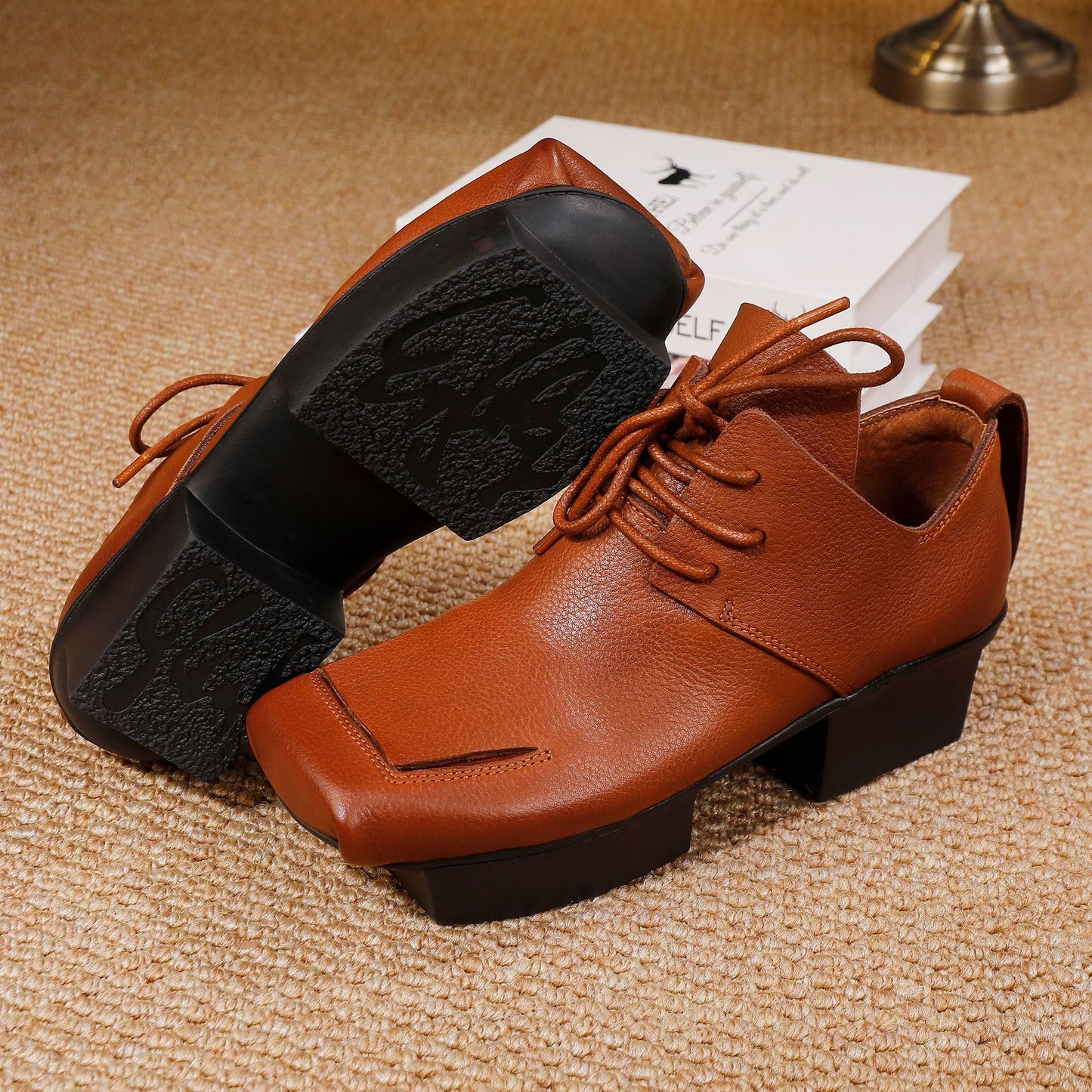 Women's Retro Ankle High-cut Full Grain Cow Mid Heels