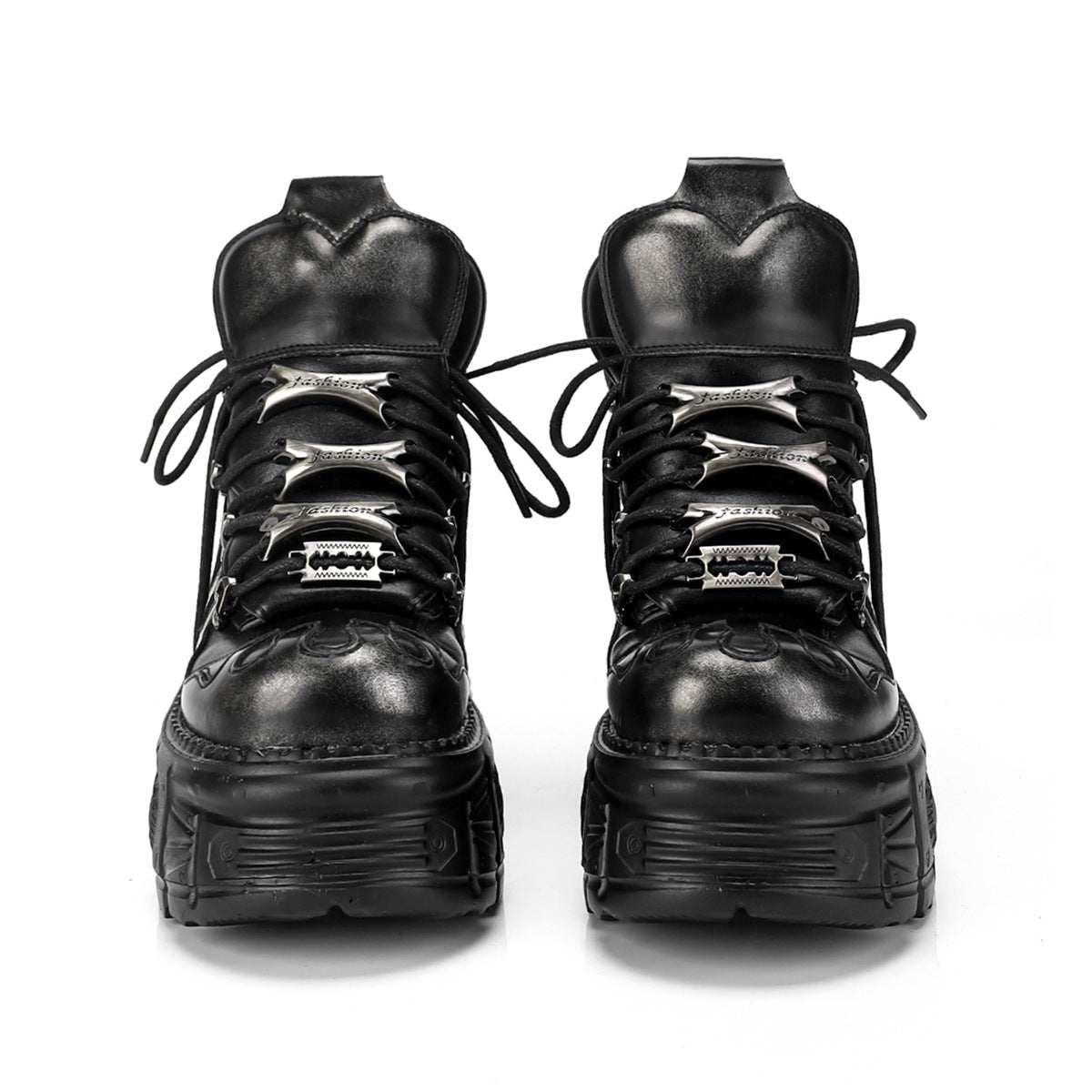 Women's & Men's Dark Platform Thick Bottom Punk Metal Heightened Single Layer Motorcycle Women's Leather Boots