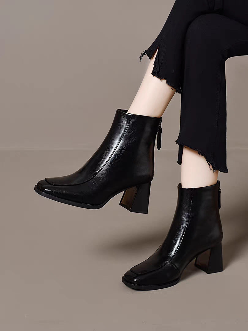 Women's For French Style Square Toe Slimming Stretch Thin British Comfortable Women's Leather Boots