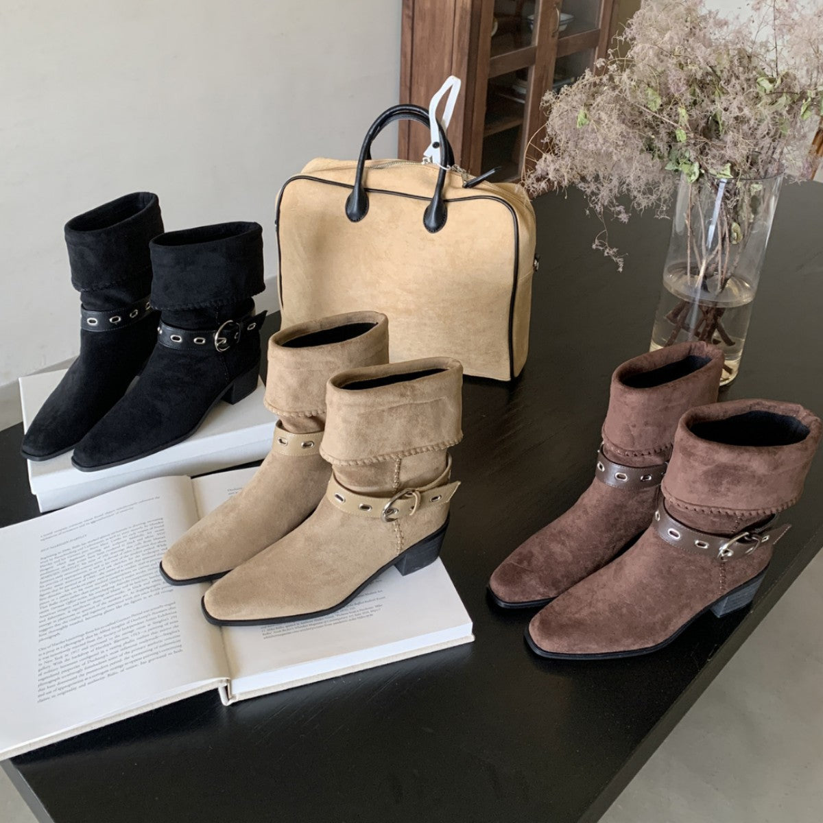 Women's Knight Vintage Suede Northwest Style Cowboy Square Toe Chunky Women's Leather Boots