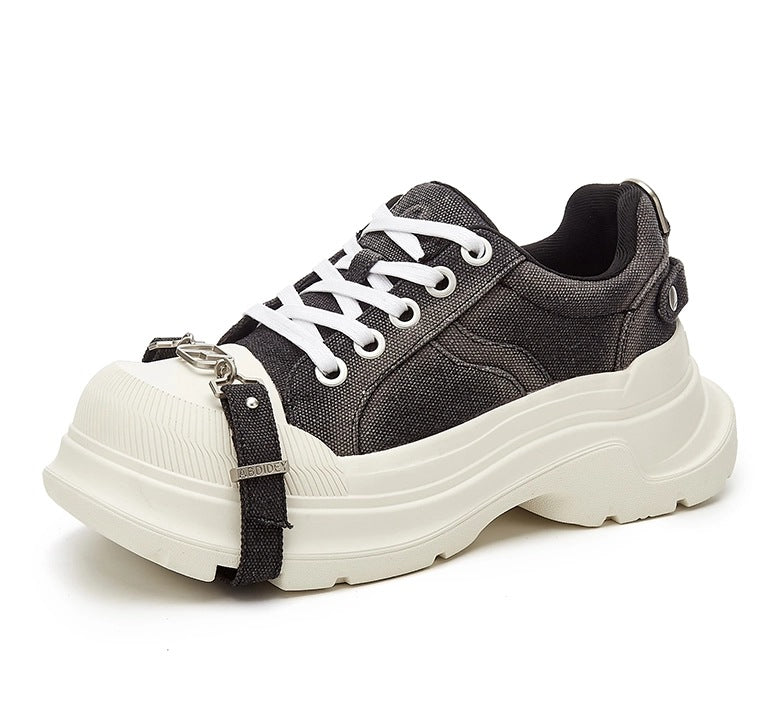Women's Black White Thick Sole Increased Bandage Casual Shoes