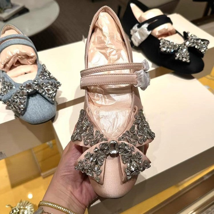 Women's Hidden Dress Flat Denim Rhinestone Strap Shallow Mouth Mary Women's Fashion Shoes