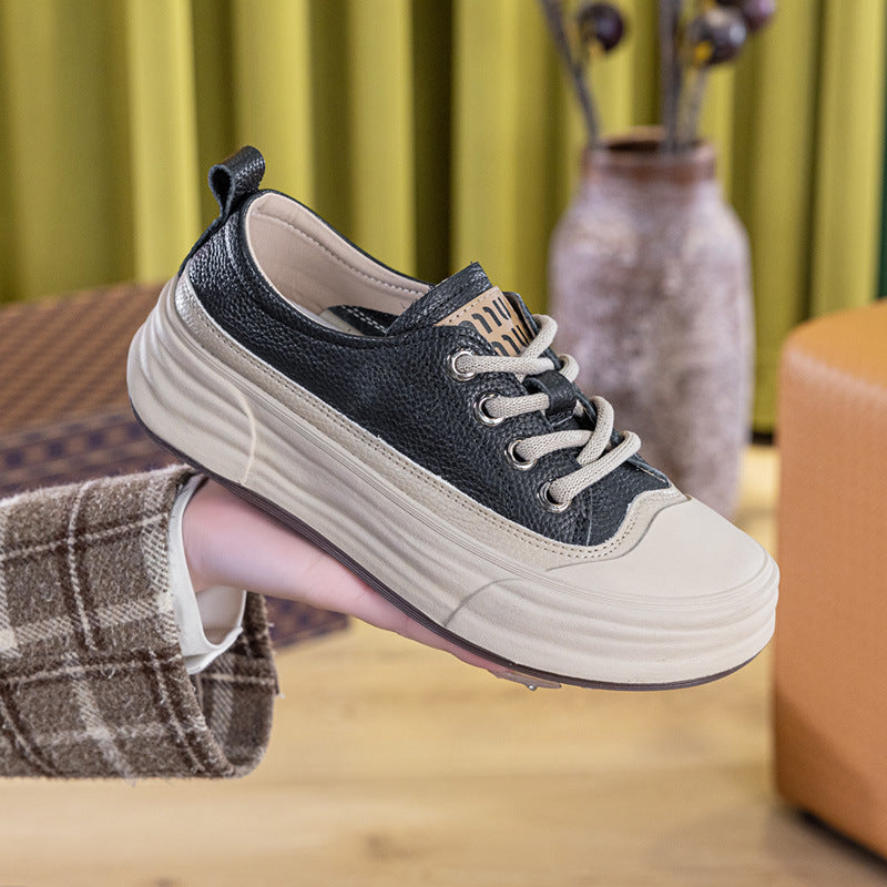 Women's Thick-soled White Not Top Cowhide Board Sneakers